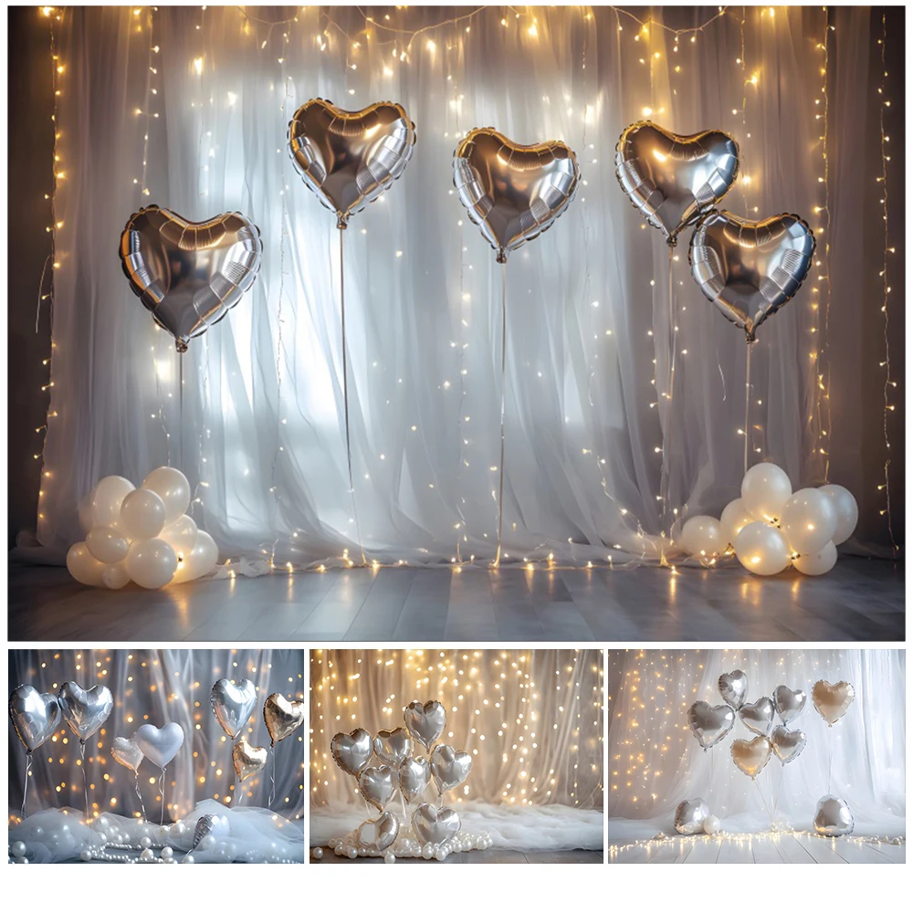 

February 14 Valentine's Day Backdrop Gold Glitter Light White Curtains Love Heart Balloon Wedding Party Photography Background