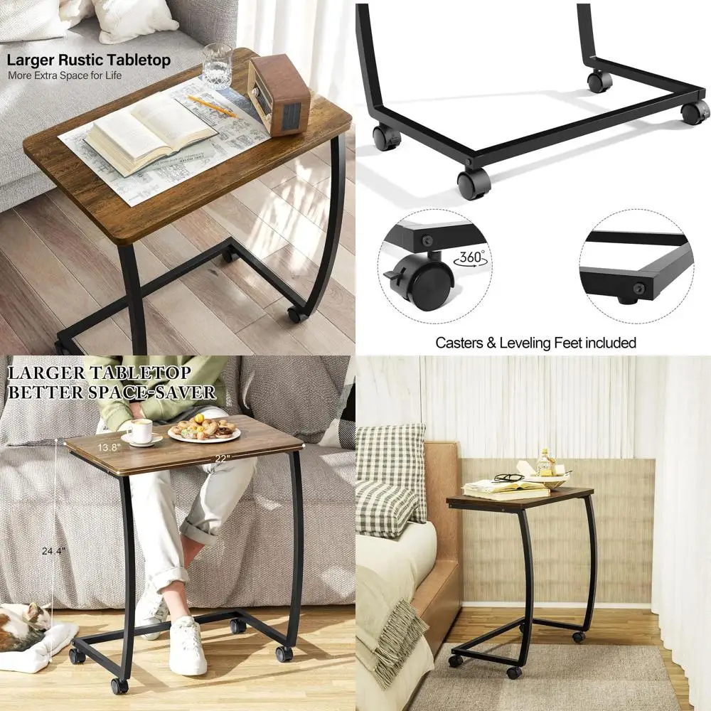 

Приставной столик на колесиках C-образной формы, деревенский стиль, для ноутбука и кофе/закусок, отделка темный орех