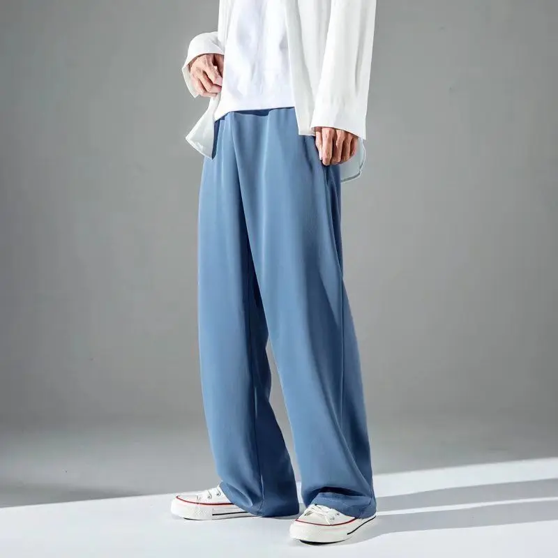 

2023 Ice Silk Summer Straight Suit Pants Light Weight Men Wide Leg Trousers Casual Solid Color Fashion Students Streetwear BS53