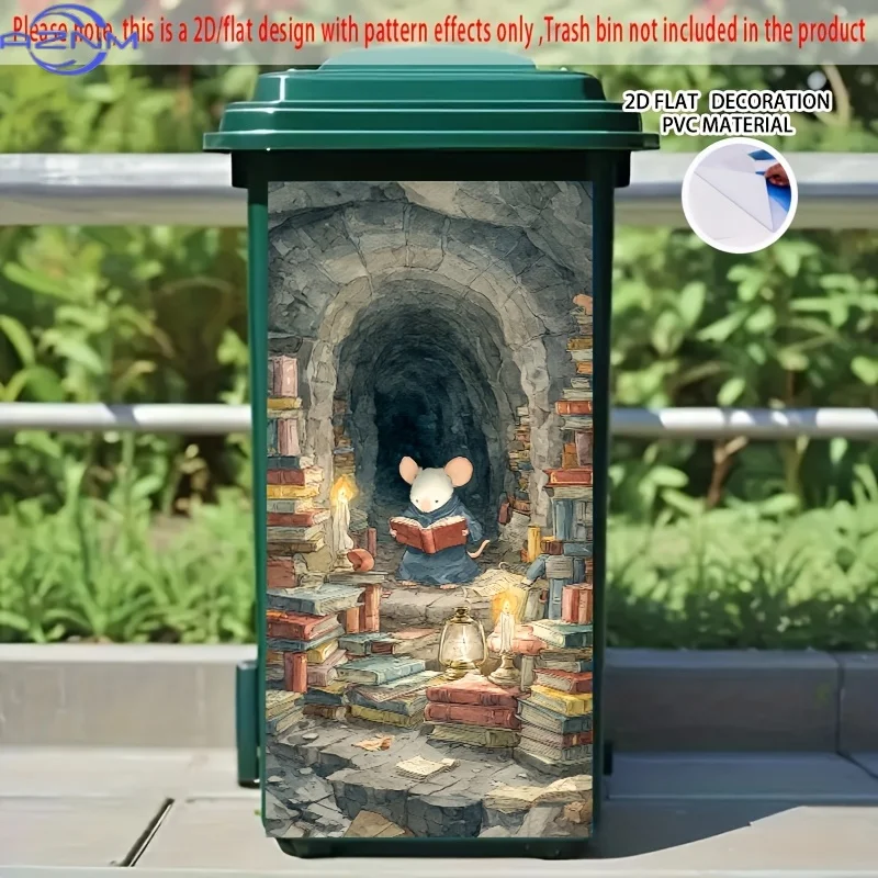 1pc 2D Flat Fairy Tale Watercolor Self-Adhesive Trash Can Sticker, × cm, White Mouse Reading Book in Cave of Old Volumes, Tras