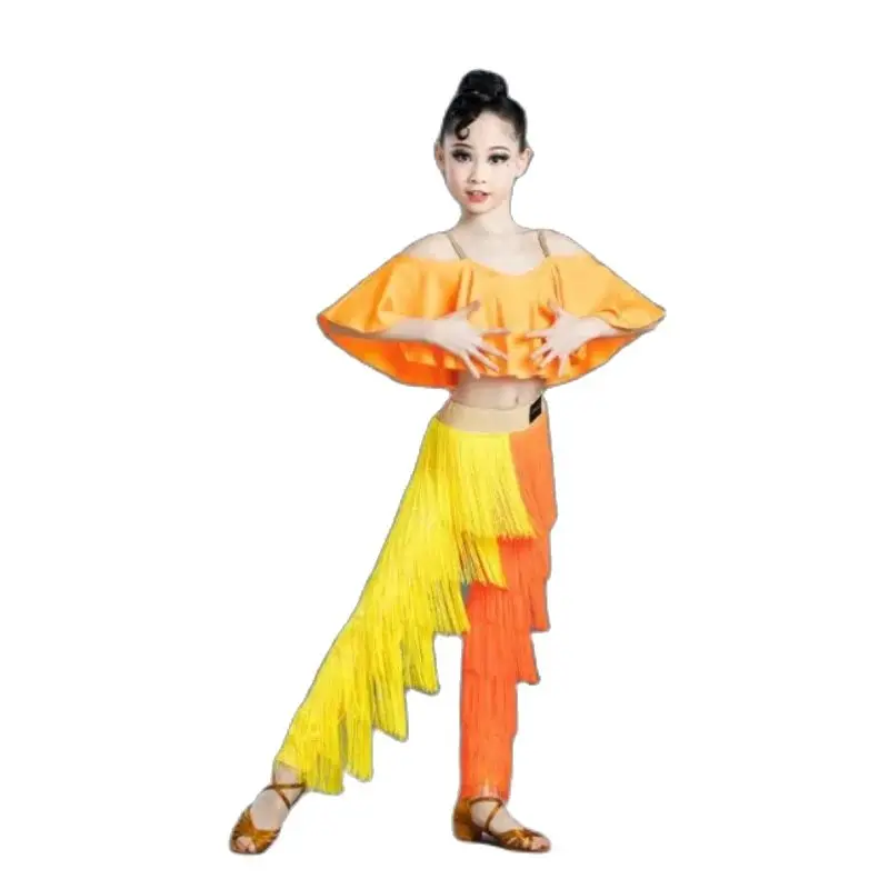 1set/lot Children Tassel Latin Dance costumes Girls National Standard modern dancing Tassel Pants and top