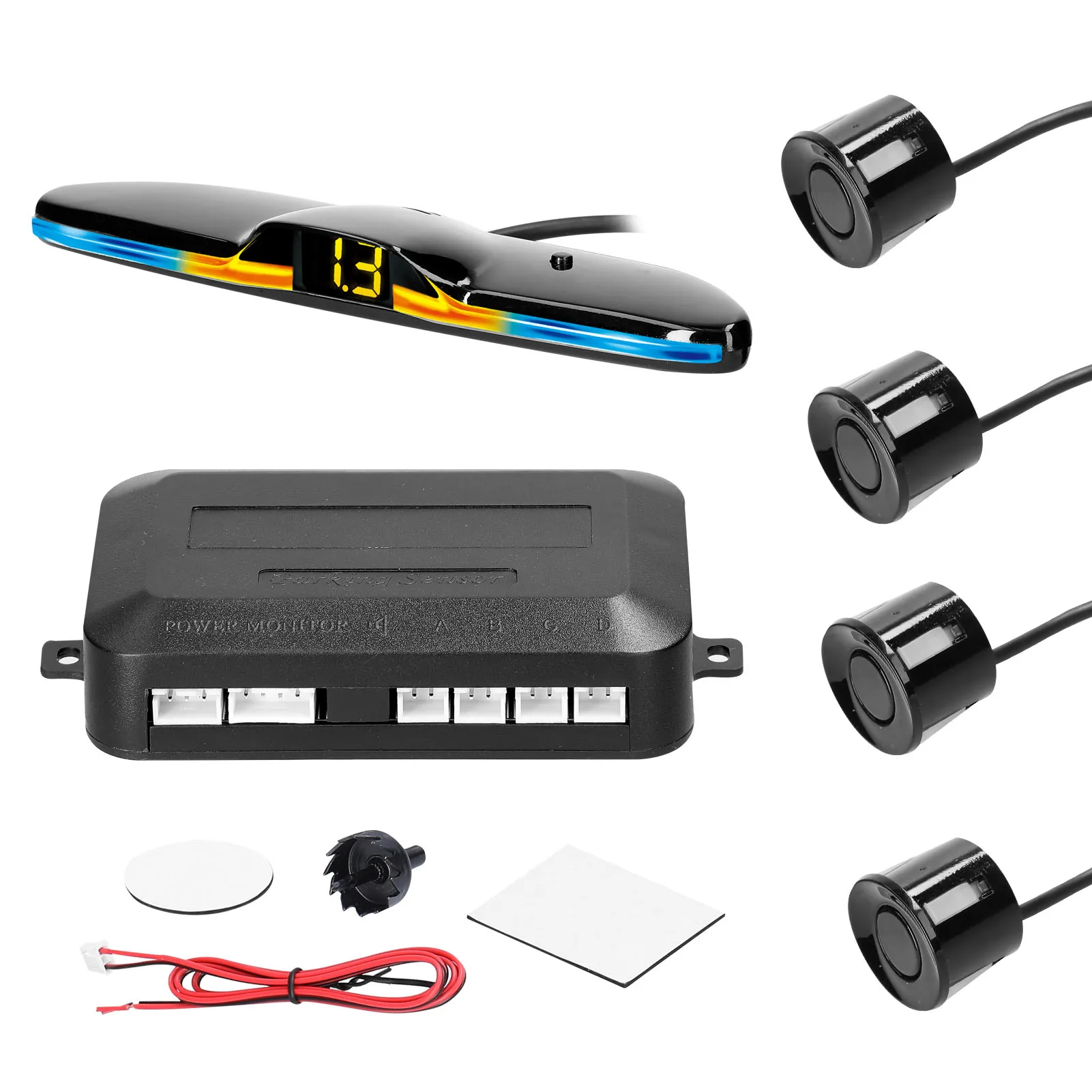 

Car Parking Sensor Rear Reversing Radars System with 4 Sensors Distance Detection LED Light Distance Display Warning Buzzer