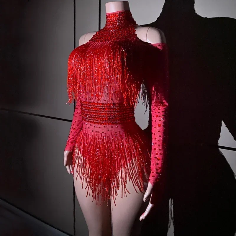 Red Rhinestones Fringed Bodysuit Women Gogo Dance Rave Outfit Dj Ds Stage Jazz Clothes Clubwear Drag Queen Costumes