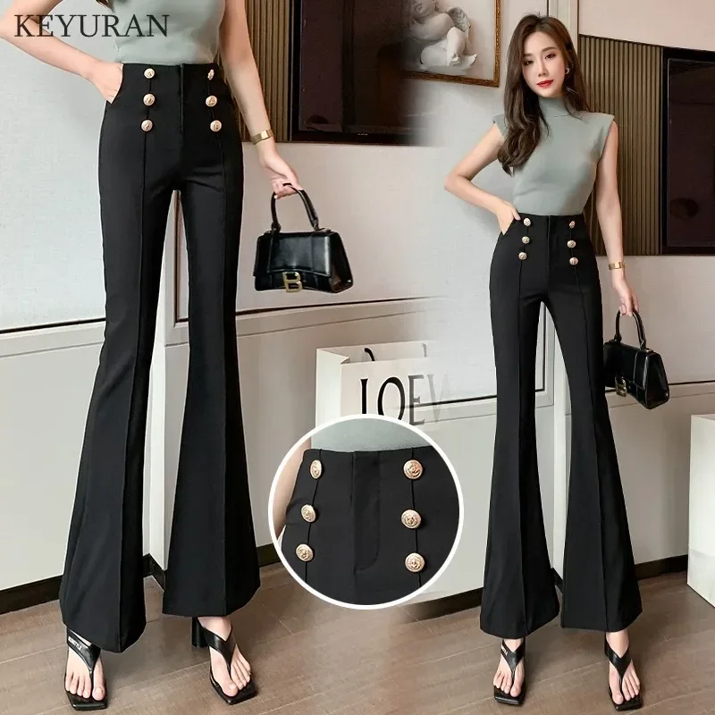 

Women's High Waist Solid Flare Pants Female 2024 New Spring Summer New Ladies Elegant Double Breasted Bell Bottom Black Trousers