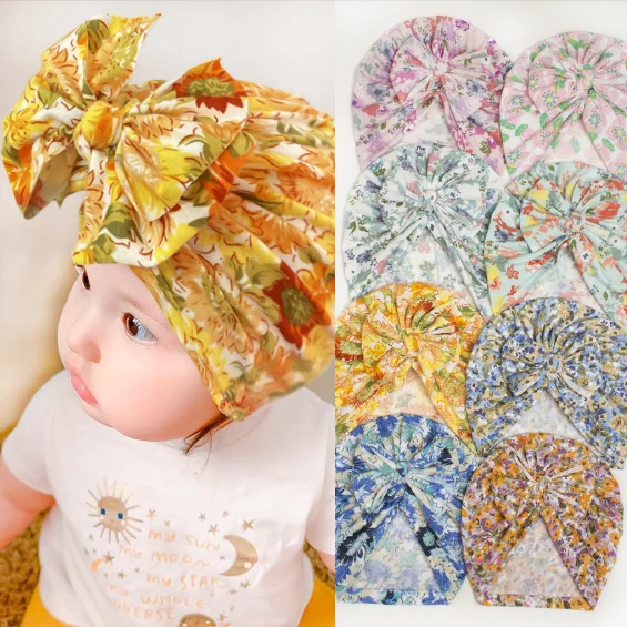 

Bulk 20pc/lot Flower Bowknot Baby Hat Soft Cotton Baby Girls Hat Bonnet Spring Infant Toddler Turban Cap Prints Beanie Kids Hat