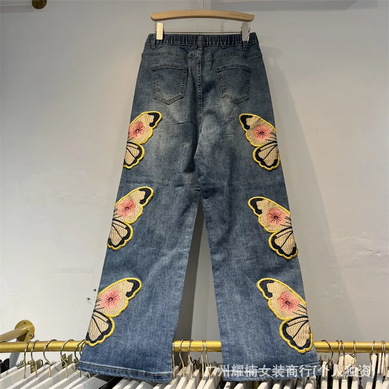Fashionable New Autumn All-match Elastic Waist Straight Jeans Hot Diamonds Butterfly Embroidery Wide Leg Casual Denim Trousers