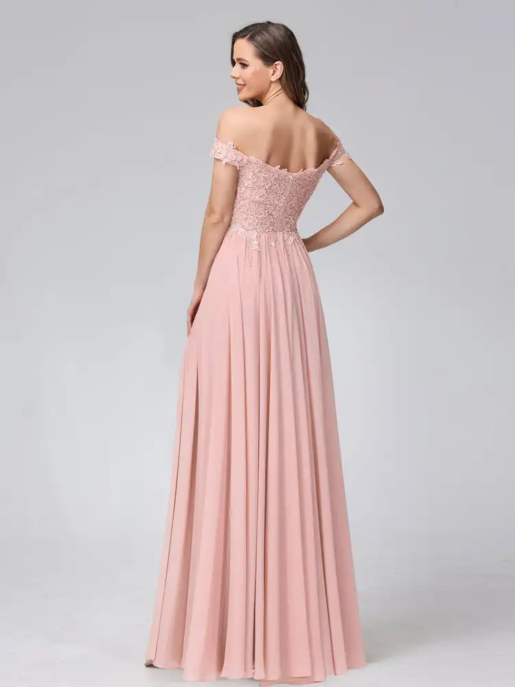 Chiffon Off-The-Shoulder A-Line Appliqued Long Bridesmaid Dresses Zipper Backless High Slit Elegant Evening Dresses for Wedding