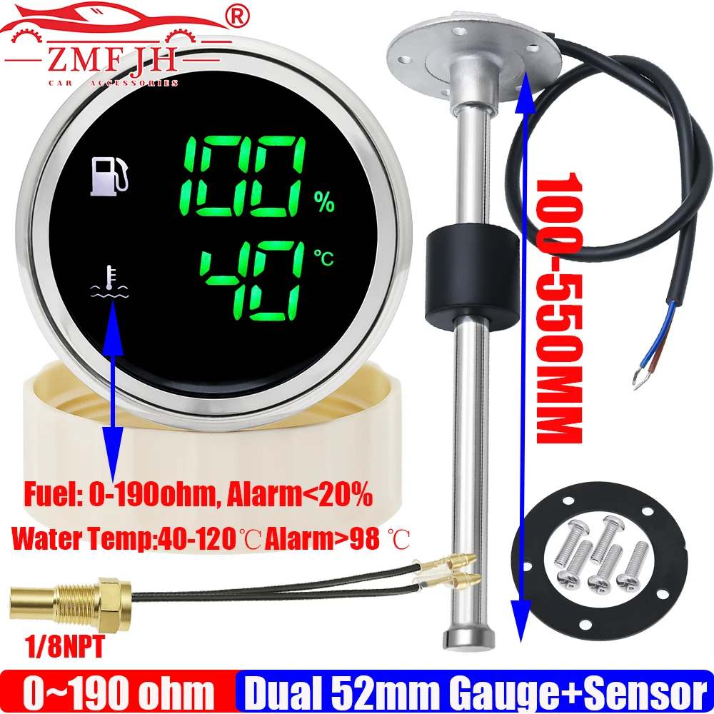 ZMFJH Multi Digital Dual 52mm Gauge Fuel Level+Water Temperature Gauge 2 In 1 with Alarm Fuel Level Sensor Water Temp Sensor