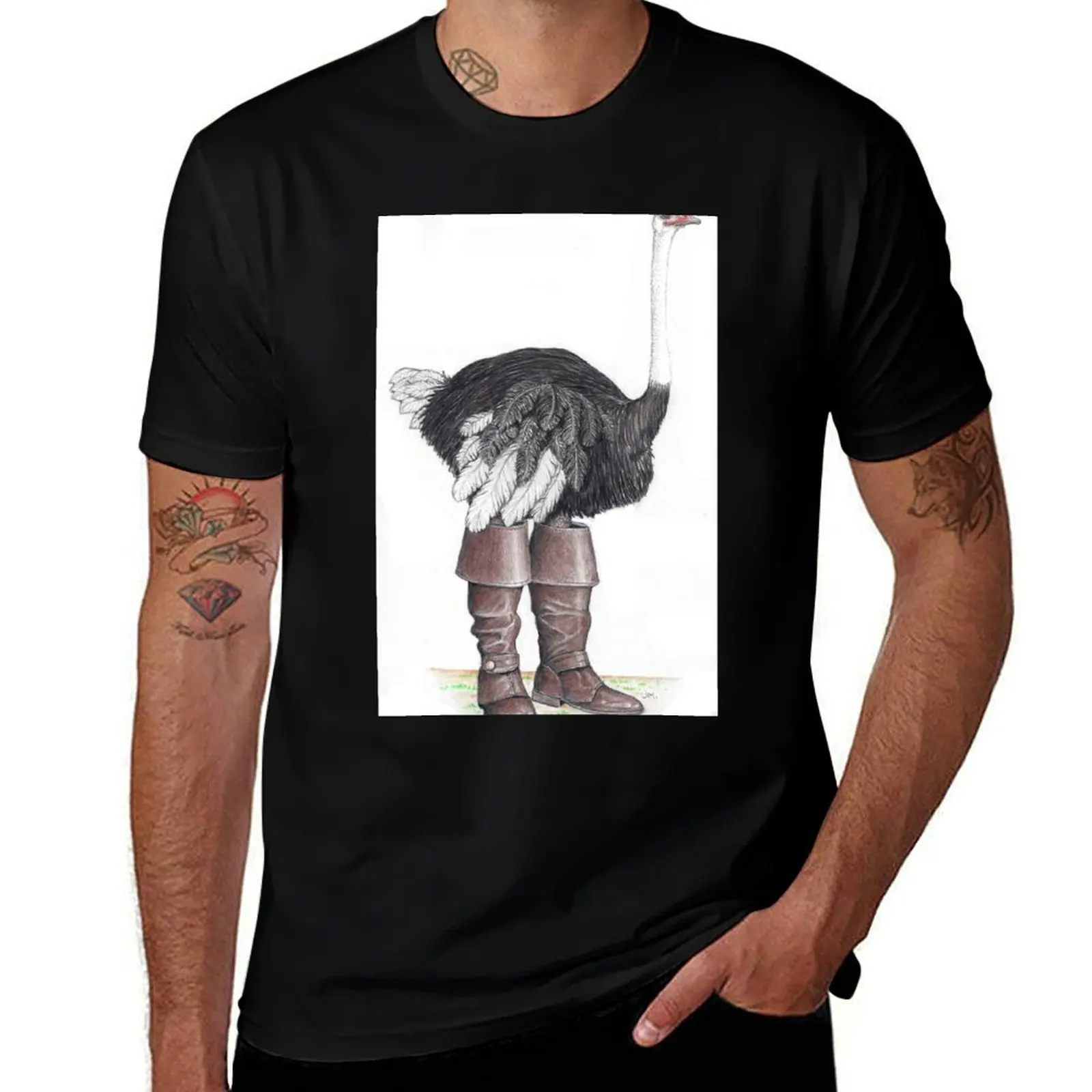 Ostrich in Musketeer boots T-Shirt Vintage Style Printed Top T-Shirt