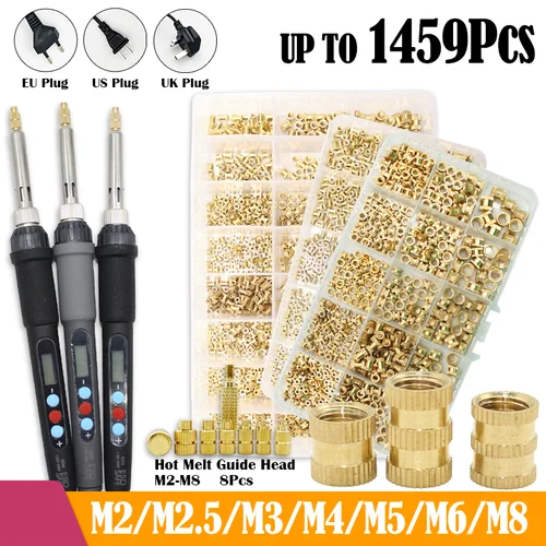 Imagen 1 del producto Tuerca de inserción de calor de latón, kit de soldador de 60W, temperatura ajustable, herramienta de soldadura LCD, insertos de tuerca de cobre para accesorios de impresora 3D