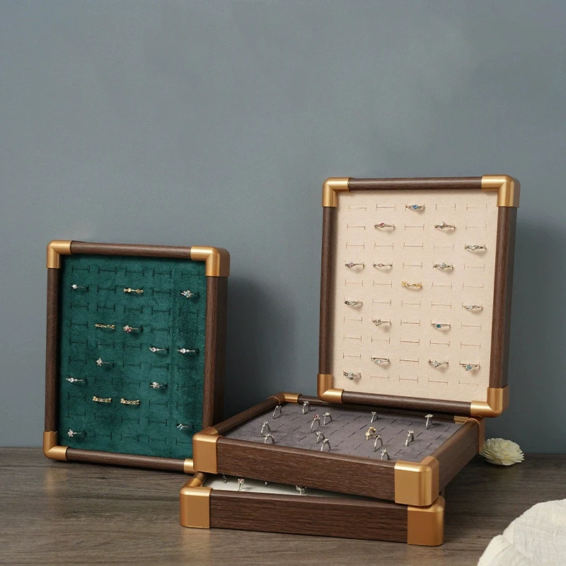 

Vintage Wooden 50 Slots Rings Display Tray Walnut Grain Velvet Pair Ring Ear Studs Jewelry Storage Plate For Home & Retail Use