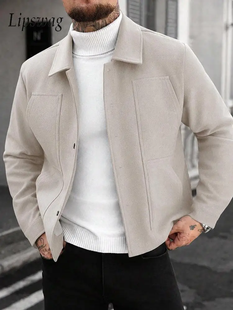 Vintage Turn-down Collar Woolen Jacket Coats Men Stylish Solid Color Slim Outerwear Mens Fall Winter Casual Button-up Jackets