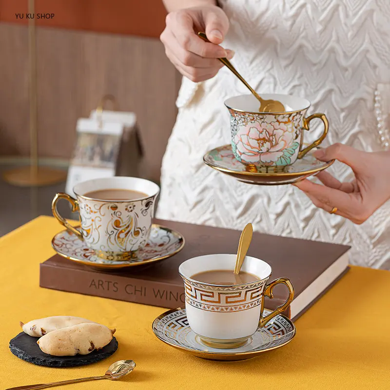 

Bone China Coffee Cup Set with Stainless Steel Spoon Ceramic Electroplating Process High Temperaturetea Cup Friendly Drinkware