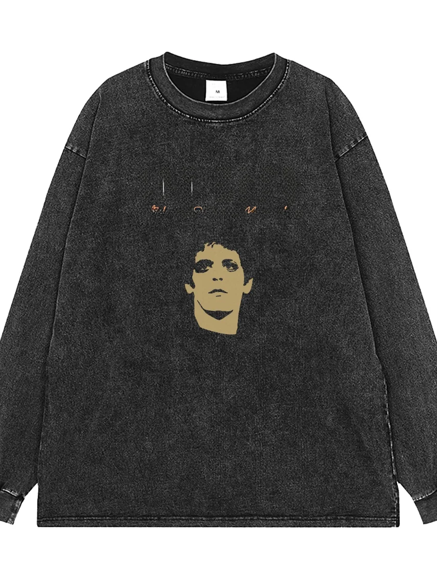 Washed Vintage Grey Velvet Long Sleeve T-Shirt Loose Shoulder Style Retro American Street Rock Music Print Casual Top for Youth