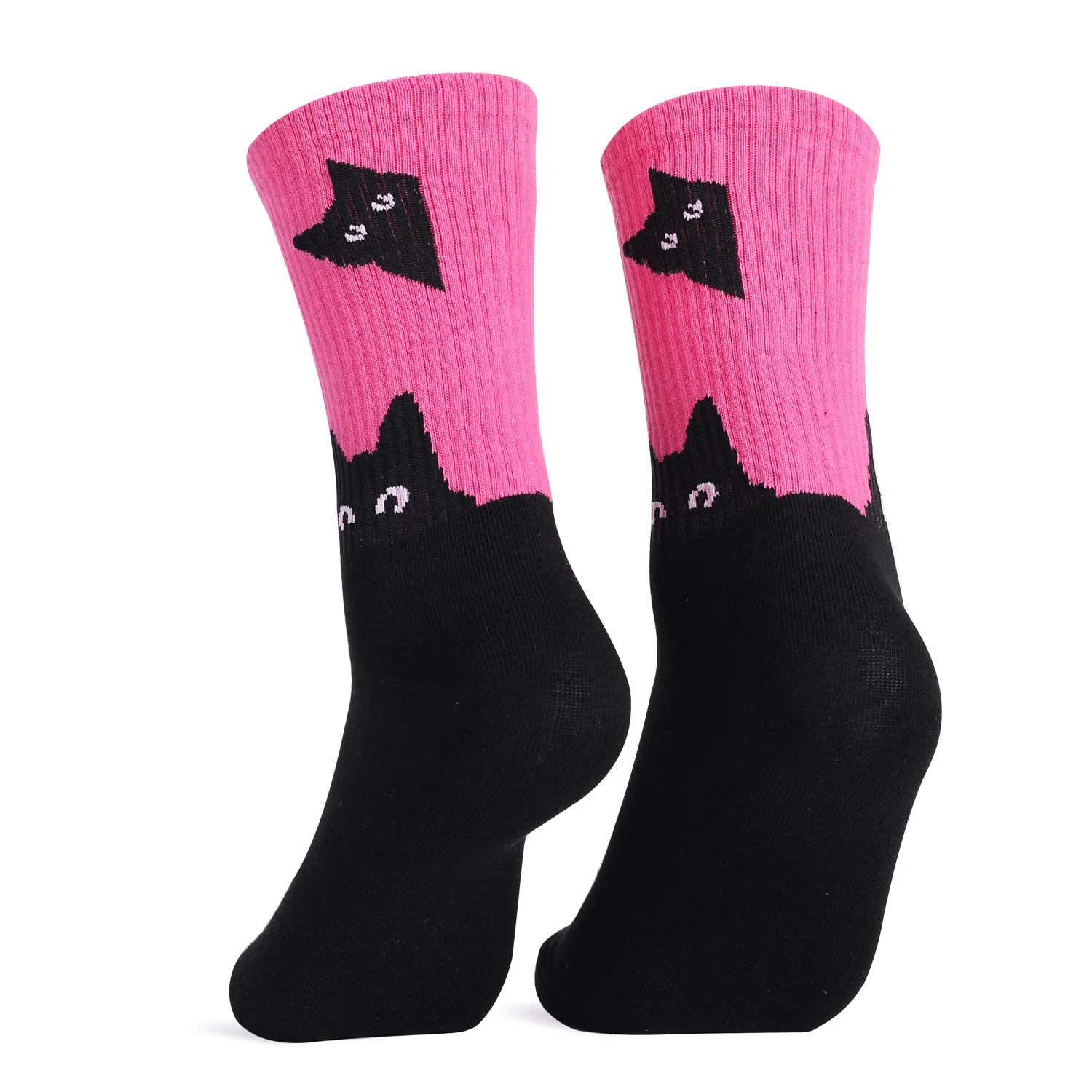 1 Pair Cat Pattern Mid-calf Socks Rainbow Strip Casual Women’s Socks