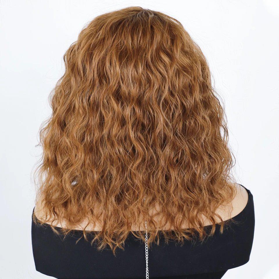 Big Fluffy Brown Mixed Blonde Glueless Bob Curly Wig With Fringe Bangs Honey Curly Bob Wigs Human Hair Side Part Water Wave Wig