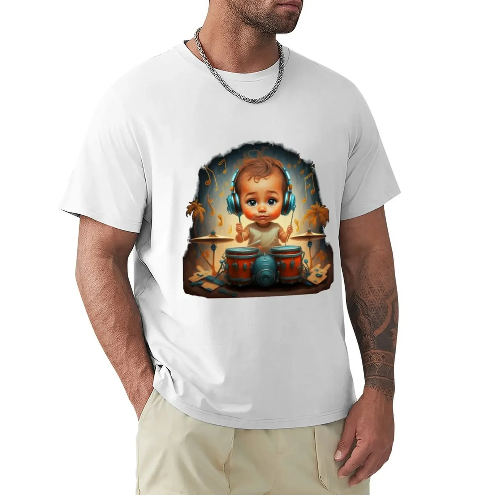 Melodious Childhood: A Playing Child in the World of Notes T-Shirt sweat oversizeds sports fans men workout shirt