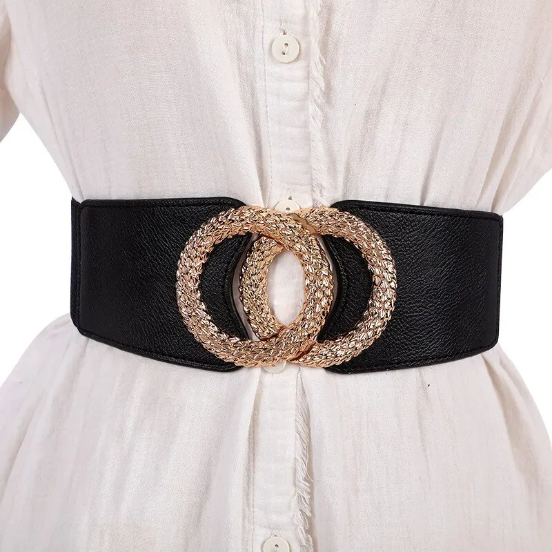1 Pack Womens Multicolor Elastic Waistband Metal Double Circle Belt For Dress