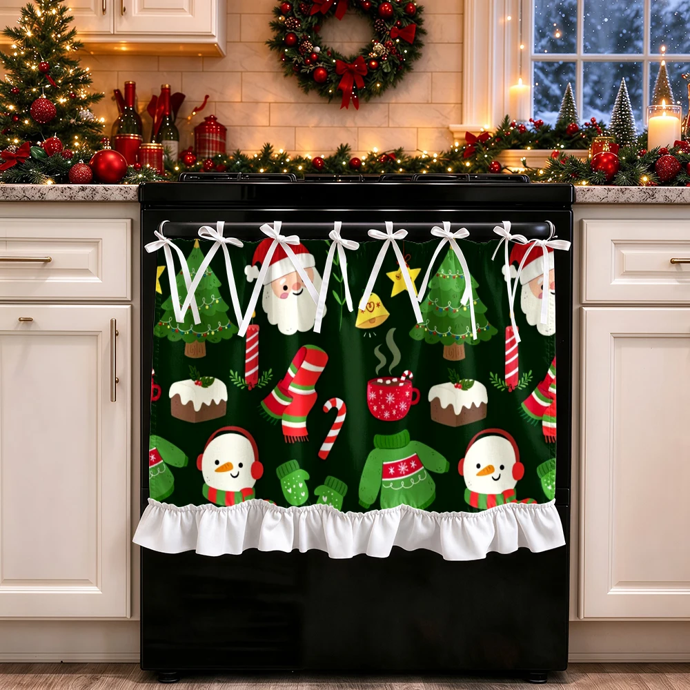 1PC lace up kitchen curtain, ruffled hem, 2D flat Santa Snowman Cane pattern, cabinet cover curtain, Christmas home decoration
