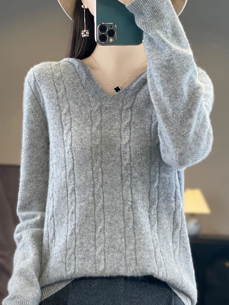 Women 100% Merino Wool Sweater For Autumn Winter Hooded Collar Thick Pullover Long Sleeve Cashmere Knitwear Fashion Twisted Tops