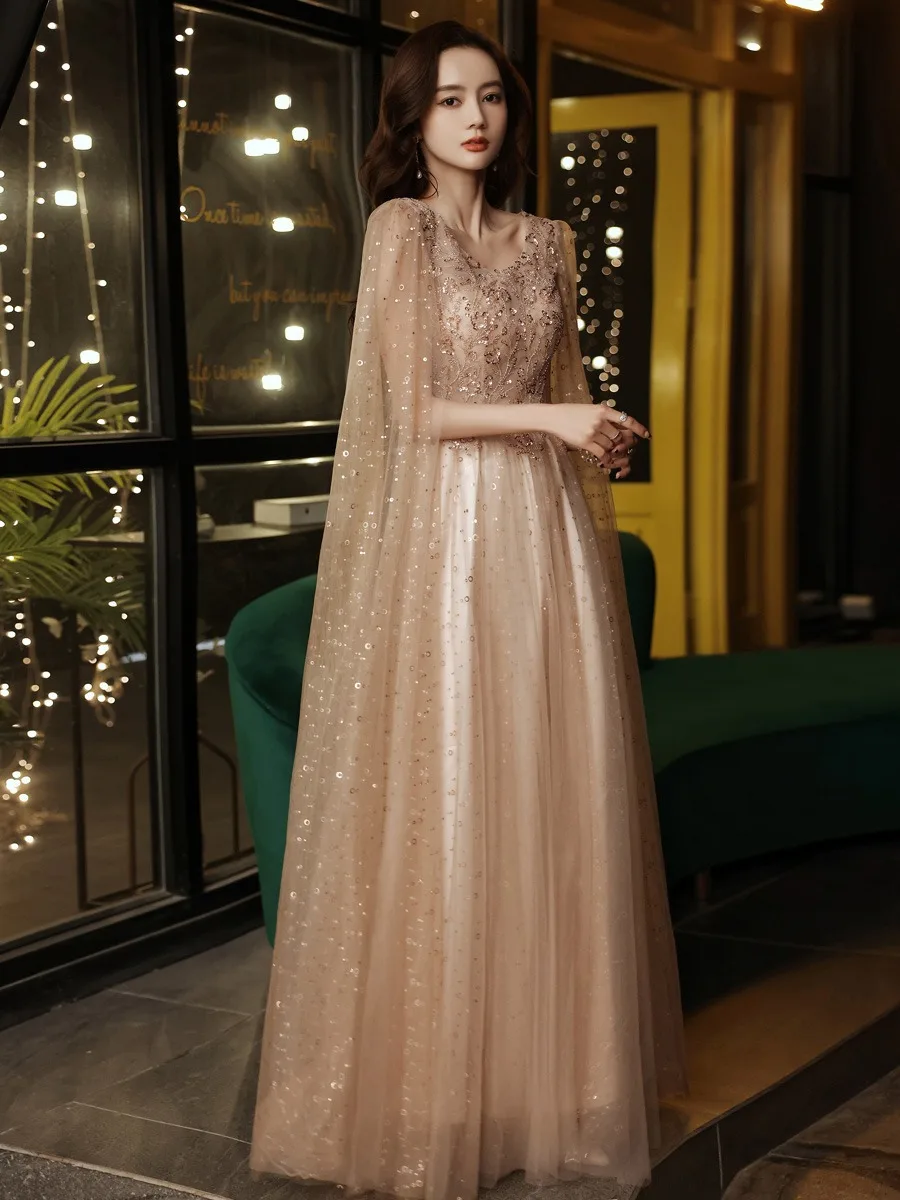 

Champagne Shinny Evening Dresses V-Neck Shawl Sleeve Tulle A-Line Backless Wedding Formal Party Prom Gowns With Shawl