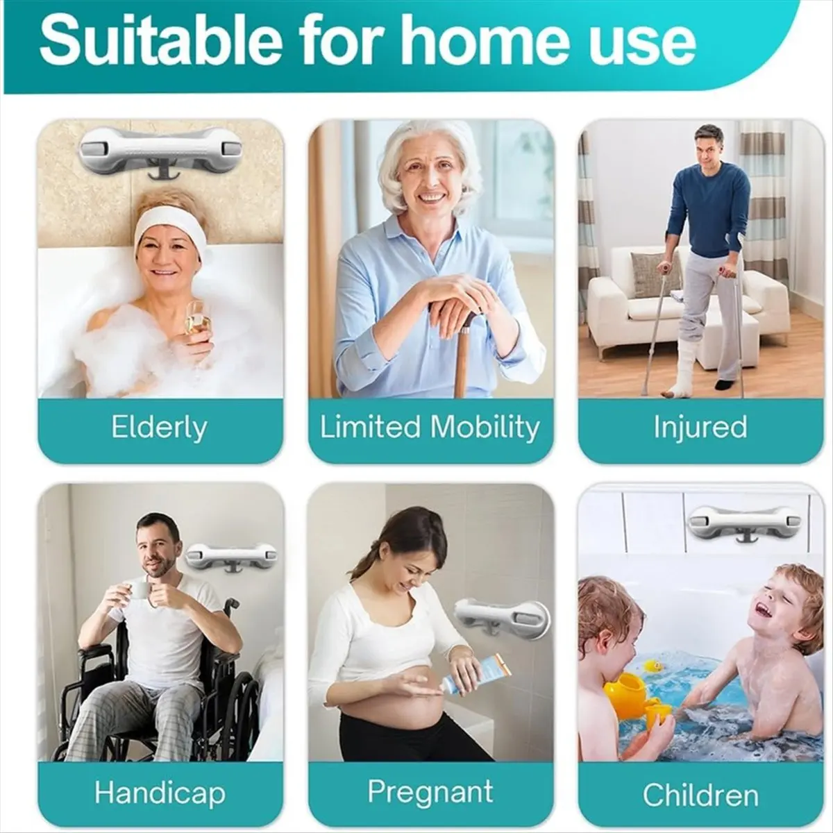 1Pack Grab Bars for Bathtubs and Showers with 3 Suction Cups, Heavy Duty Handle Removable Handrails for Seniors