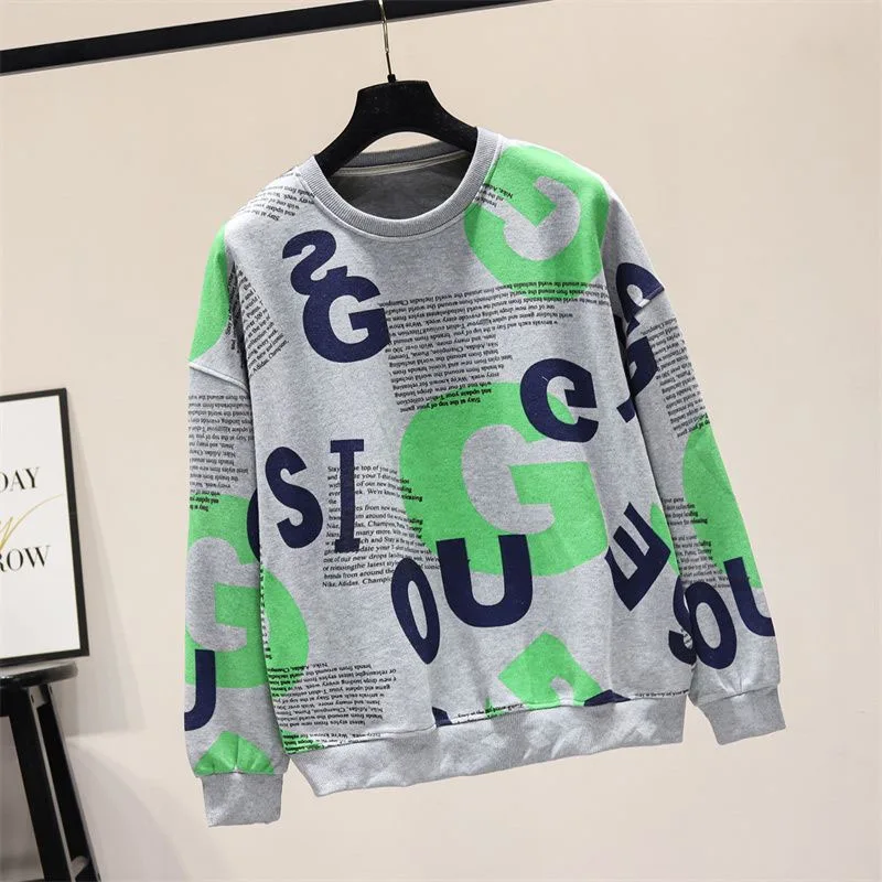 New Autumn Fashion Korean Edition Printed Round Neck Thin Loose Versatile Reducing Age and Slim Long Sleeve Casual Sweater