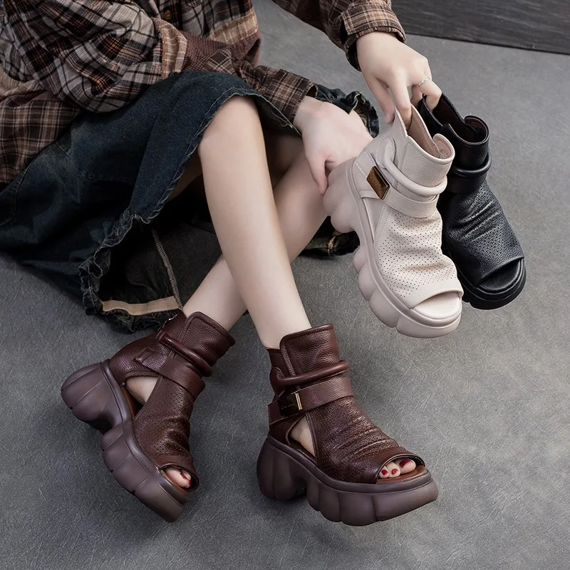 Birkuir Thick Heel Hollow Out Sandals Women High Top Summer Boots Back Zip Hook Loop Sandals Genuine Leather Flat Platform Shoes