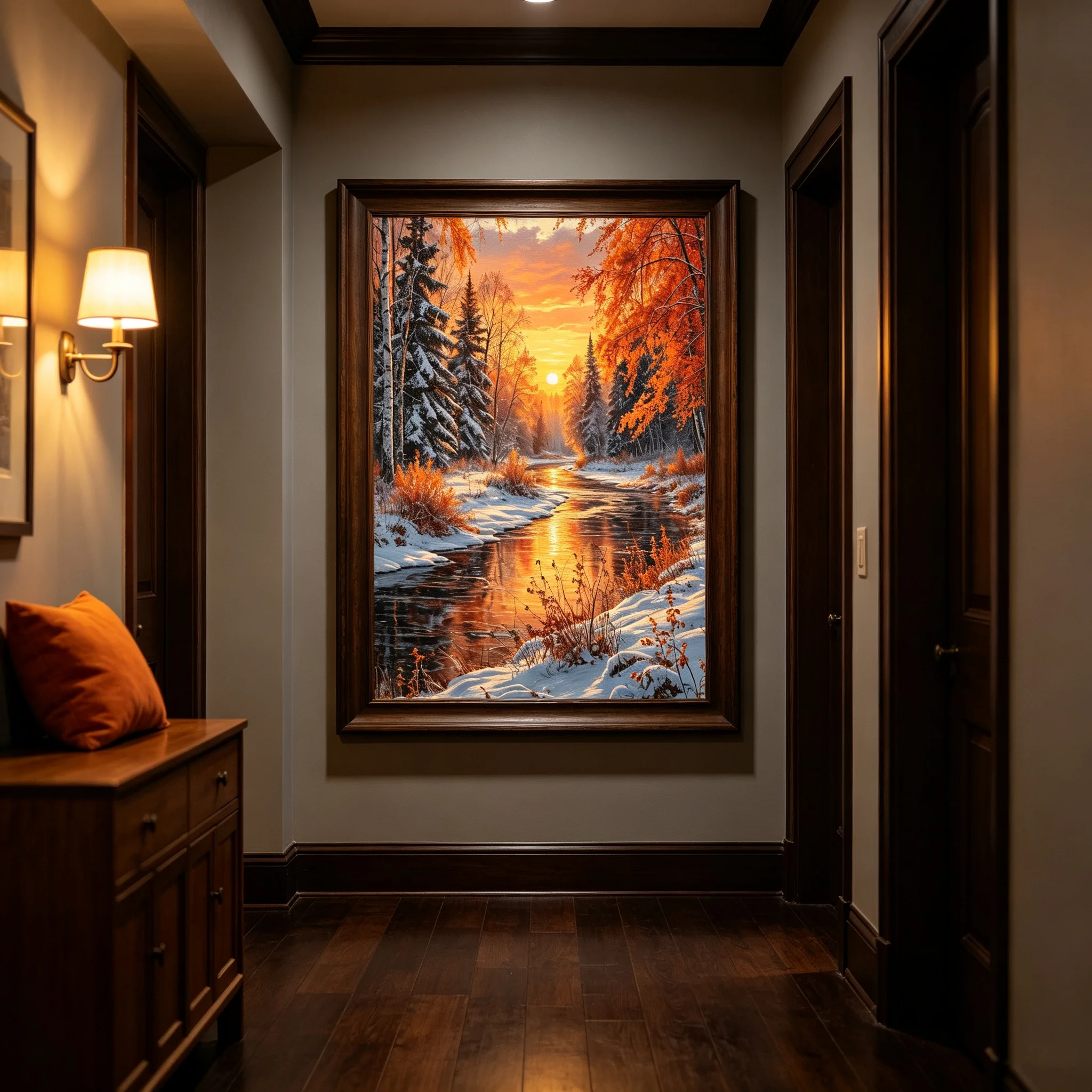 Sunset Landscape Wall Art Painting Winter Snow Forest River Canvas Poster Prints Nordic Wall Pictures Living Room Decor