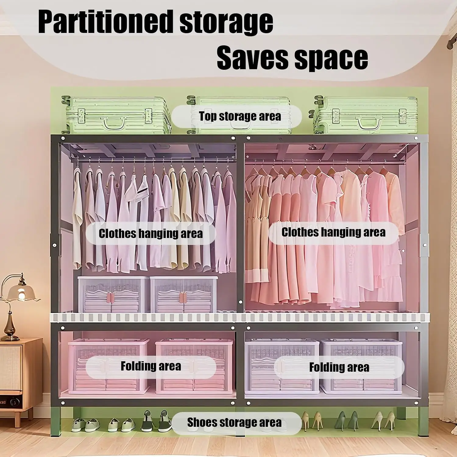 Freestanding Heavy Duty Wardrobe Closet with Magnetic Door, Portable Metal Closets, Foldable Wardrobecloset Organizers