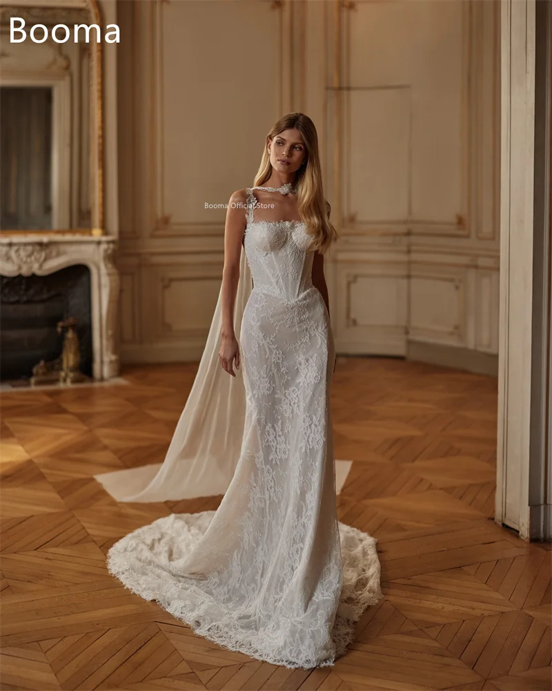Booma حورية البحر السباغيتي حزام اللؤلؤ الدانتيل فساتين زفاف أنيقة طول الأرض بلا أكمام فستان العرائس مخصص 2025