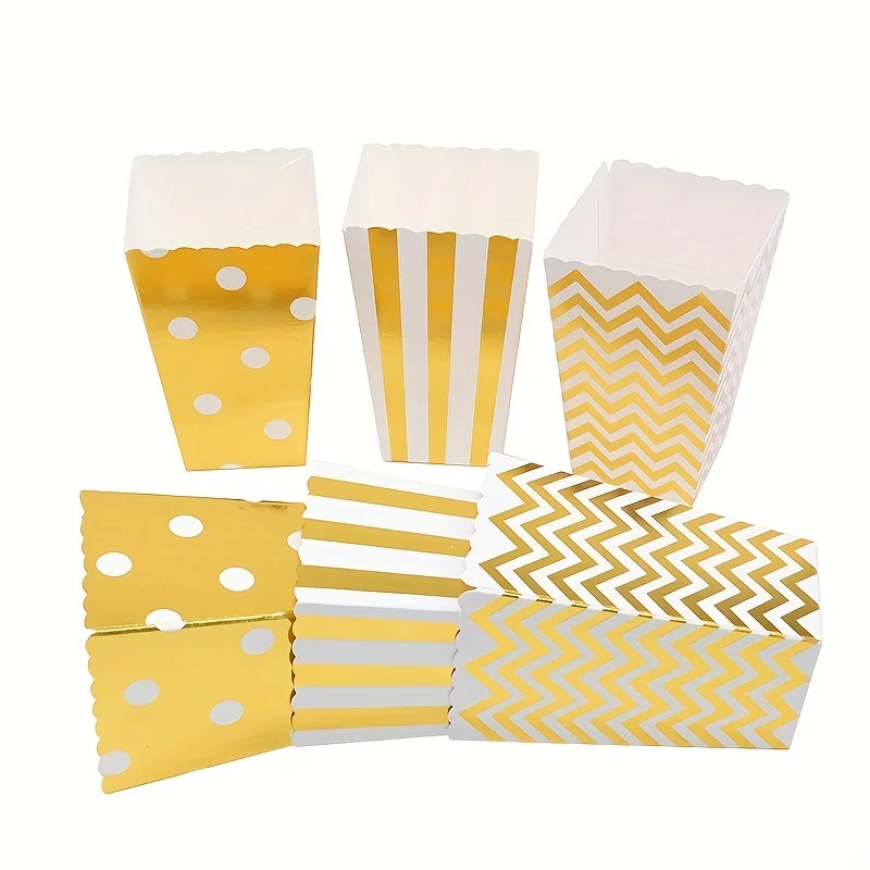 12pcs Gold Stiff Paper Mini Party Popcorn Boxes Pop Corn Candy Sanck Favor Bags Wedding Birthday Movie Party Tableware