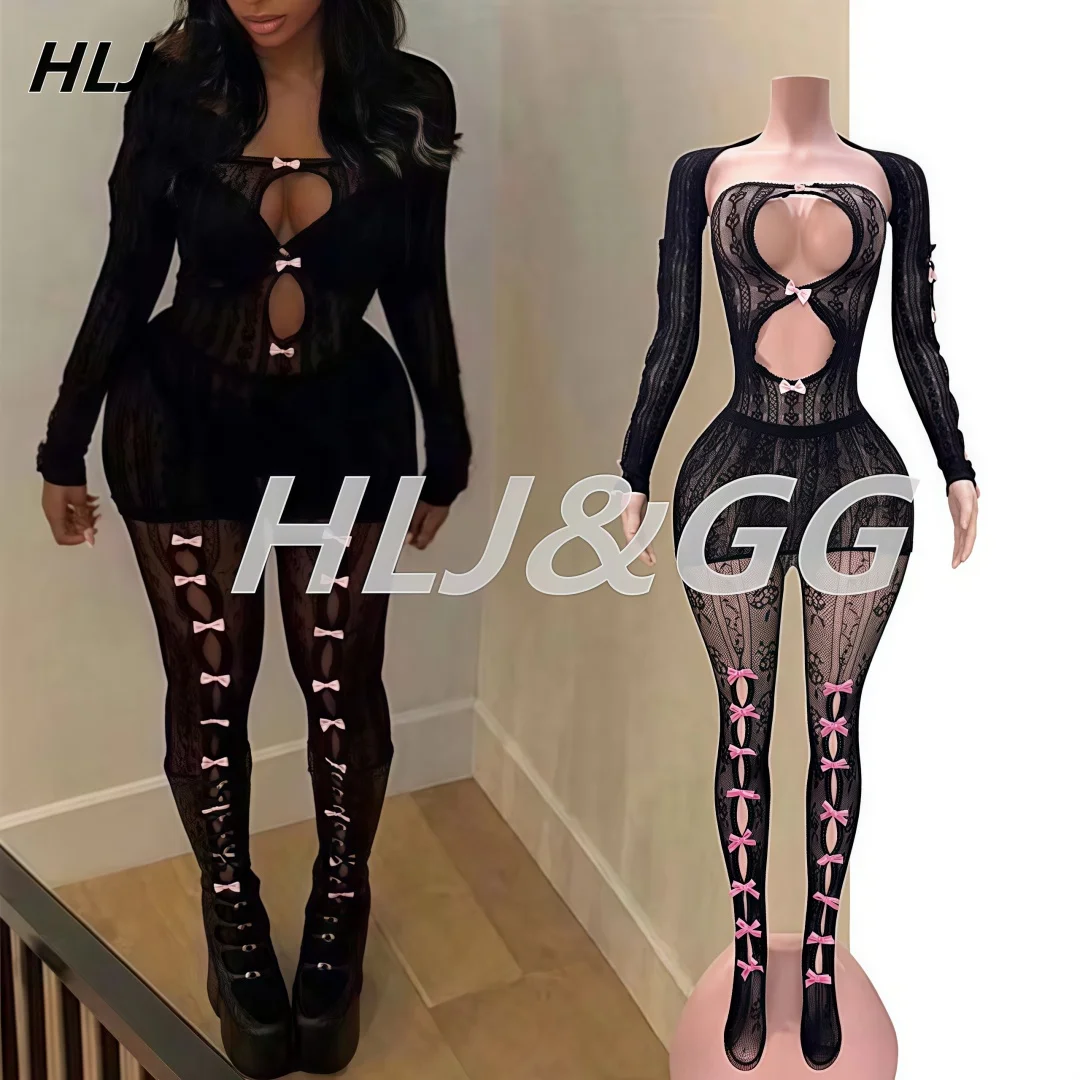 

HLJ Sexy Mesh Bow Hollow Out Bodycon Mini Dress Women Long Sleeve See Though Slim Nightclub Vestidos Black Perspective Clothing