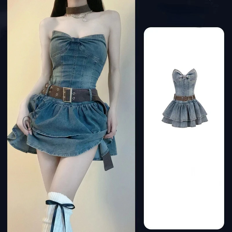 

Summer Women Fashion Ball Gown Ruffled Camisole Denim Dress , Woman Clothing Chest Wrapping Spaghetti Strap Dresses