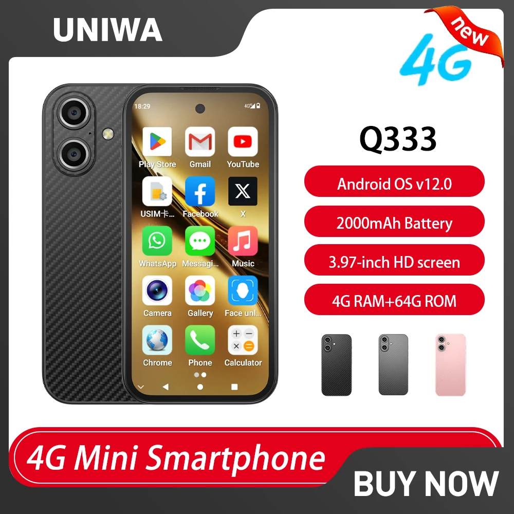 

NEW UNIWA Q333 4G 3.97inch HD Mini Smartphone 4GB RAM 64GB ROM 2000mAh Mobile Phones BT5.0 Google Play Store Face ID Small Phone