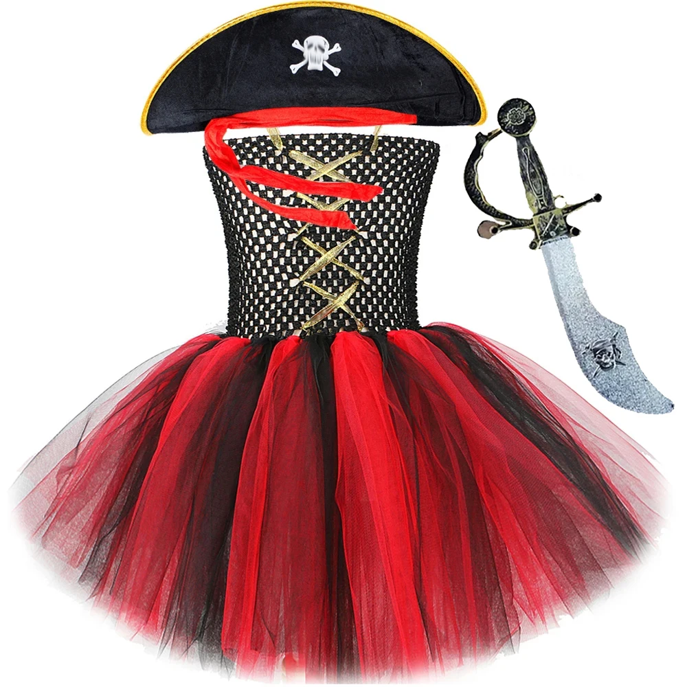 Red Black Pirate Costumes for Girls Halloween Disguise Dresses for Kids Carnival Party Fancy Tutus Child Clothes with Cloak Hat