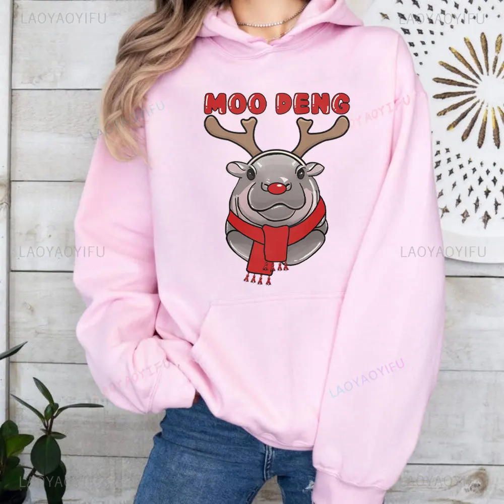 Moo Deng Christmas Sweatshirt Love Moo Deng Hippo Lover Women Long Seleeve Sweater Cute Baby Hippo Moo Deng Bouncy Pig Tops