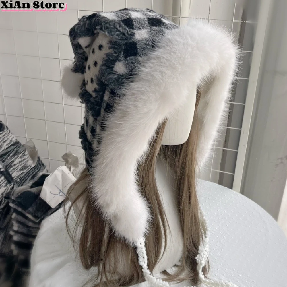 

Y2K Fur Hat Plush Punk Thick Ear Protection Wizard Winter Woman Harajuku Cute Ball Warm Hat Christmas decorations accessories