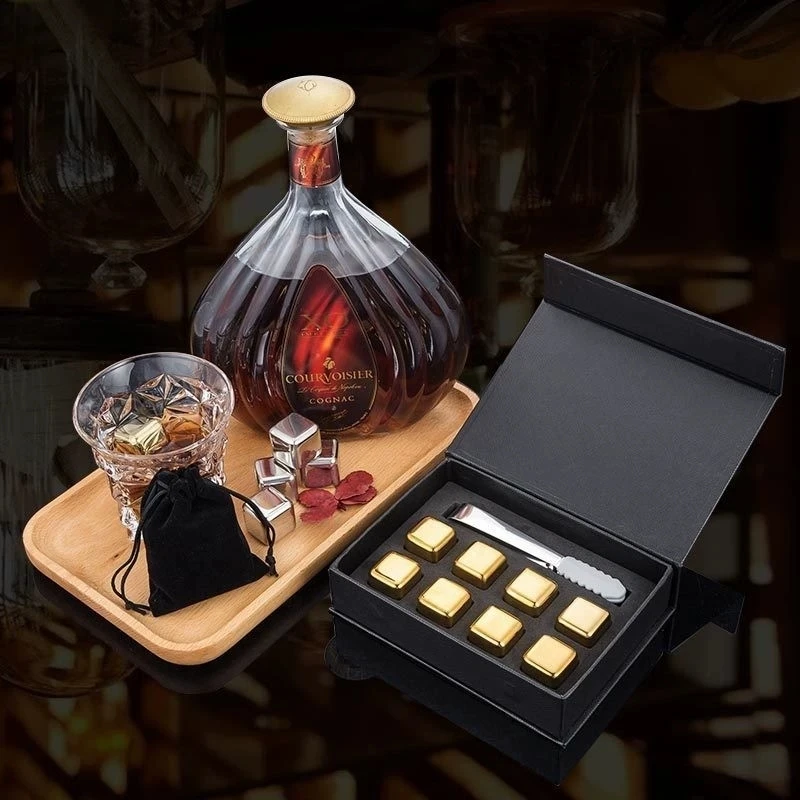 304 / 316 Stainless Steel Ice Cubes Anti Slip Clip Set Golden Reusable Metal Whisky Ice Cake Whiskey Wine Stone Gift Box Packing