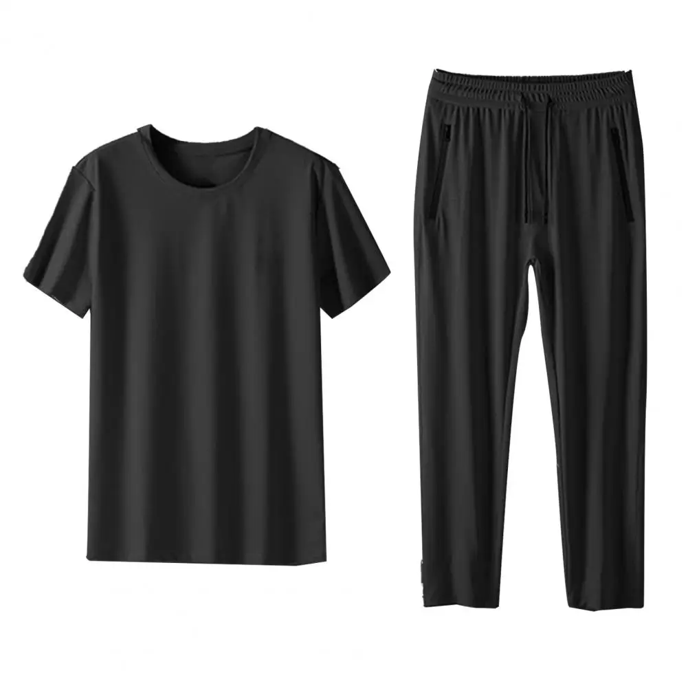 Regular Fit Men Outfit Men's Casual Sport Outfit Set with O-neck T-shirt Elastic Drawstring Waist Sweatpants Oversized Tracksuit