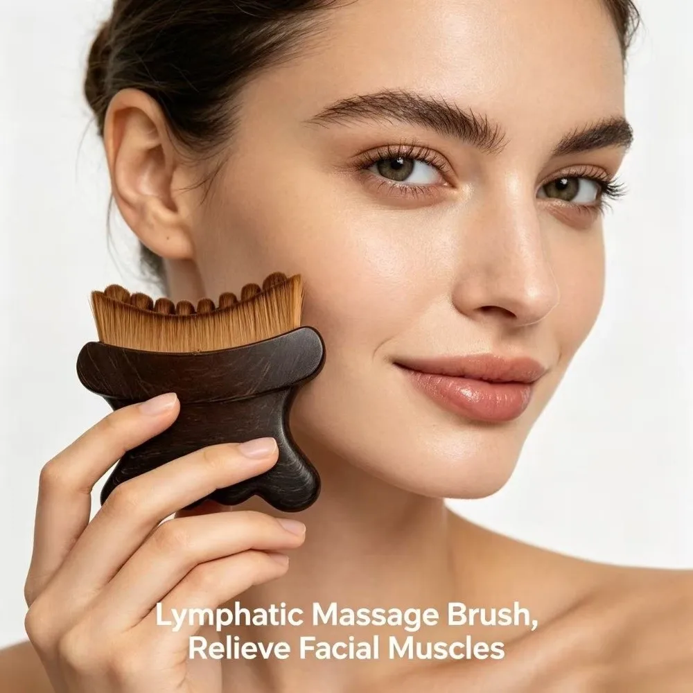 Ergonomic Shape Lymphatic Face Brush Soft Bristles Storage Case Jawline Massage Brush Easy Hold Wood Grain Look