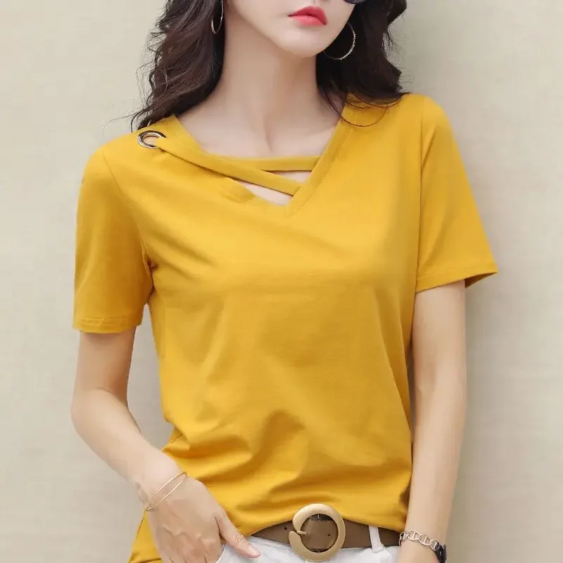 Women\'s T-shirt Baggy Short Sleeve Plain Summer Top Female Outfit Yellow Y2k Clothes Polyester Clothing Sales Fashion Korea Goth