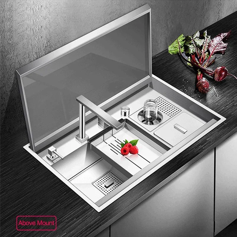 ASRAS Hidden kitchen Sink Single Flip Cover Hidden Large Size 304 Stainless Steel 4mm Thickness Handmade Brushed kitchen Sink