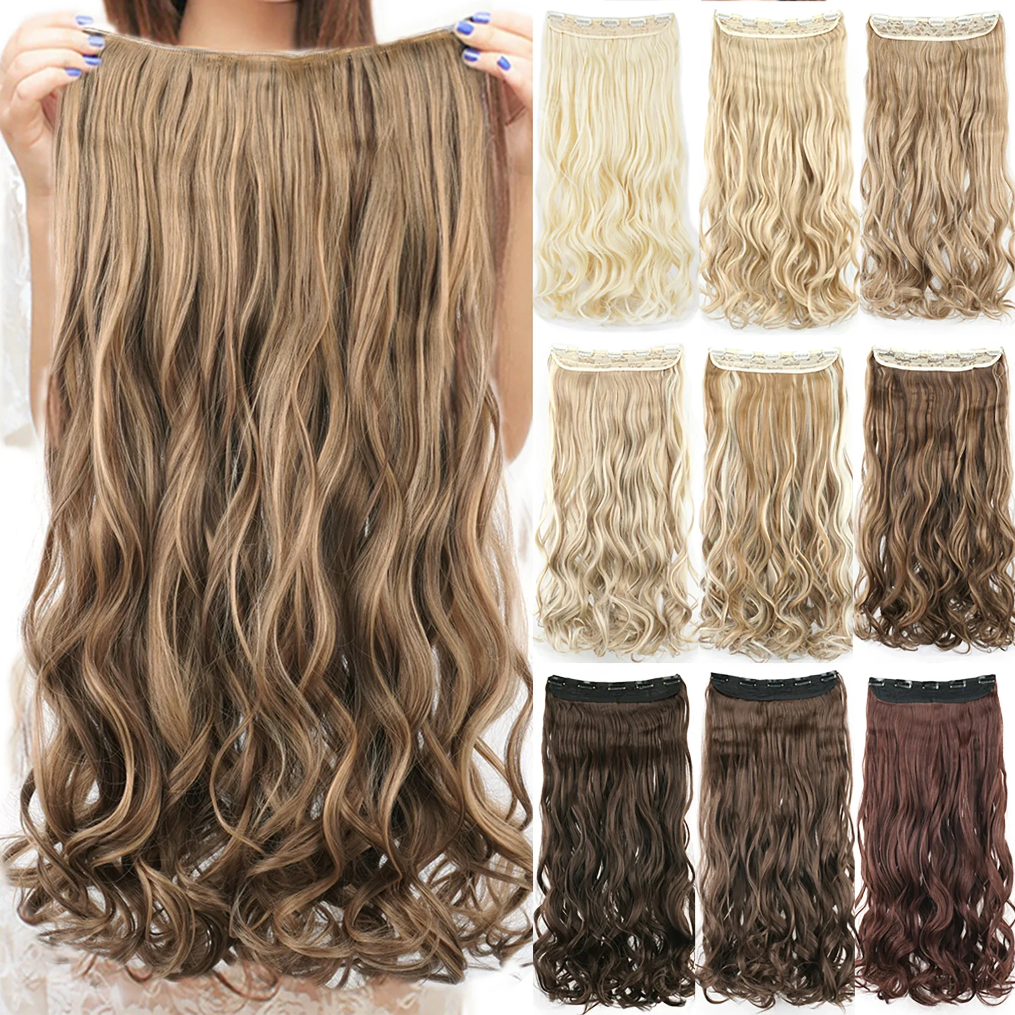 Curly Synthetic Brown Clip In One Piece Hair Extensions Fake Hair Clip Ins Hair Pieces for Women