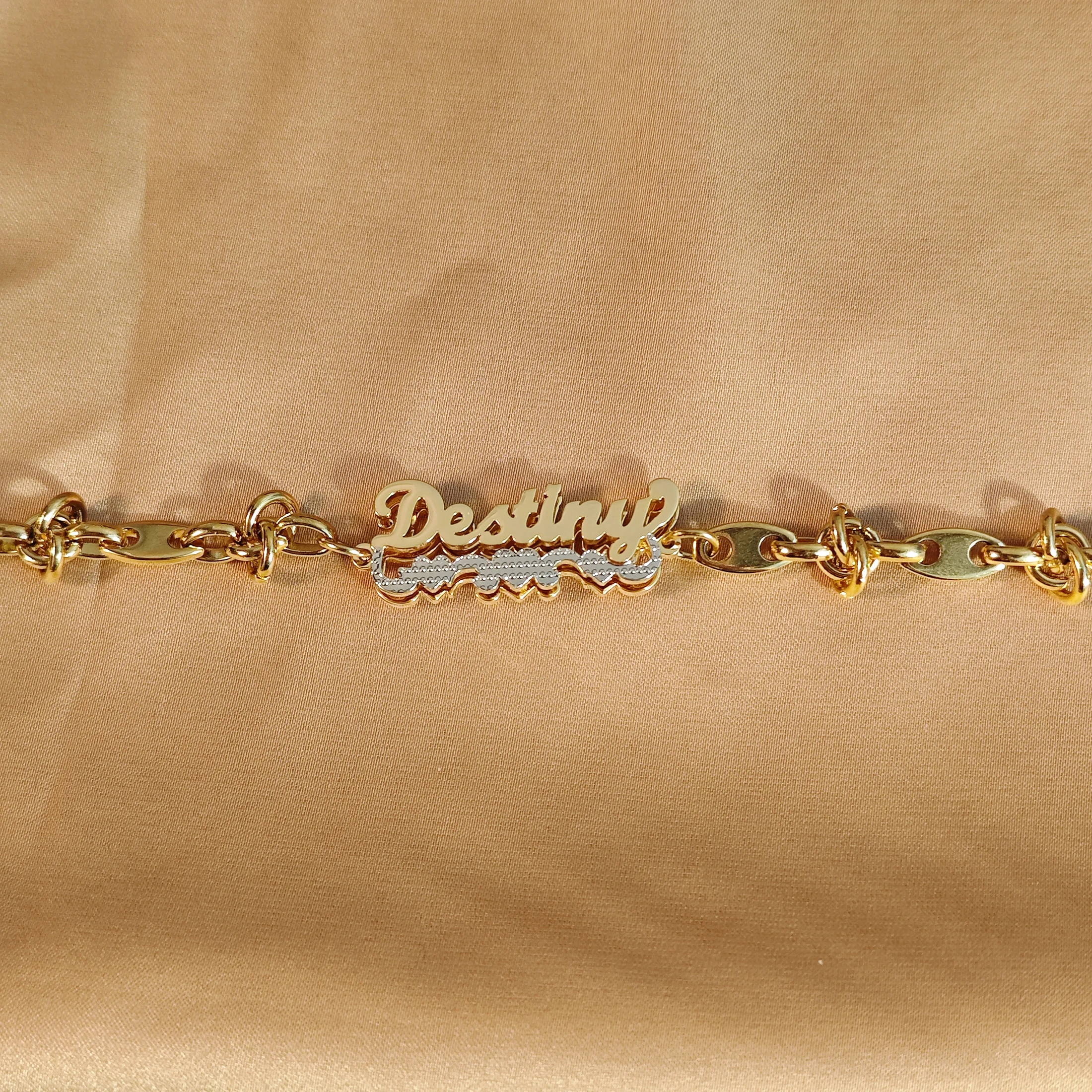 Customized Name Bangles Double Layer Two Tone Heart Nameplate Cuban Chain With Heart Stainless Steel Custom Name Bracelet Women