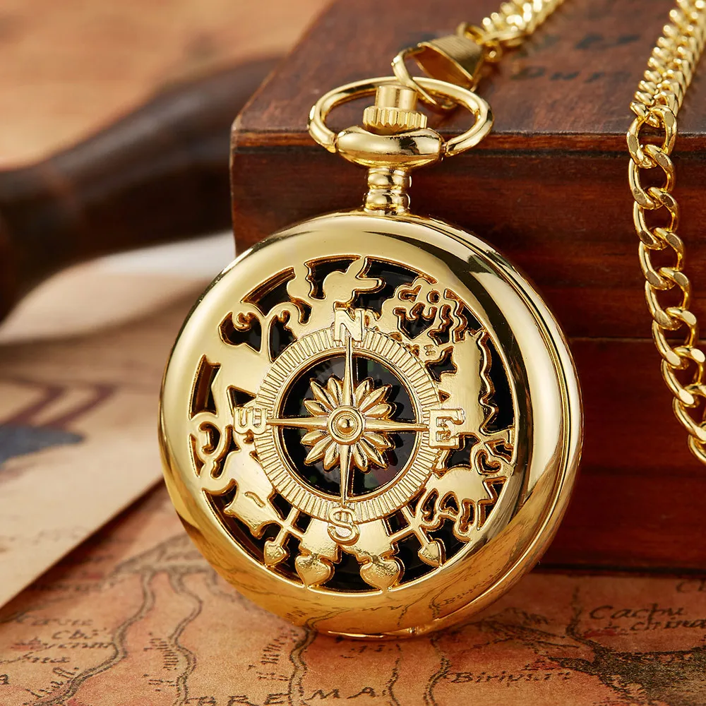 Antique Steampunk Vintage Arabic Numerals Quartz Pocket Watch Gold Case Necklace Pendant Clock Chain Mens Women