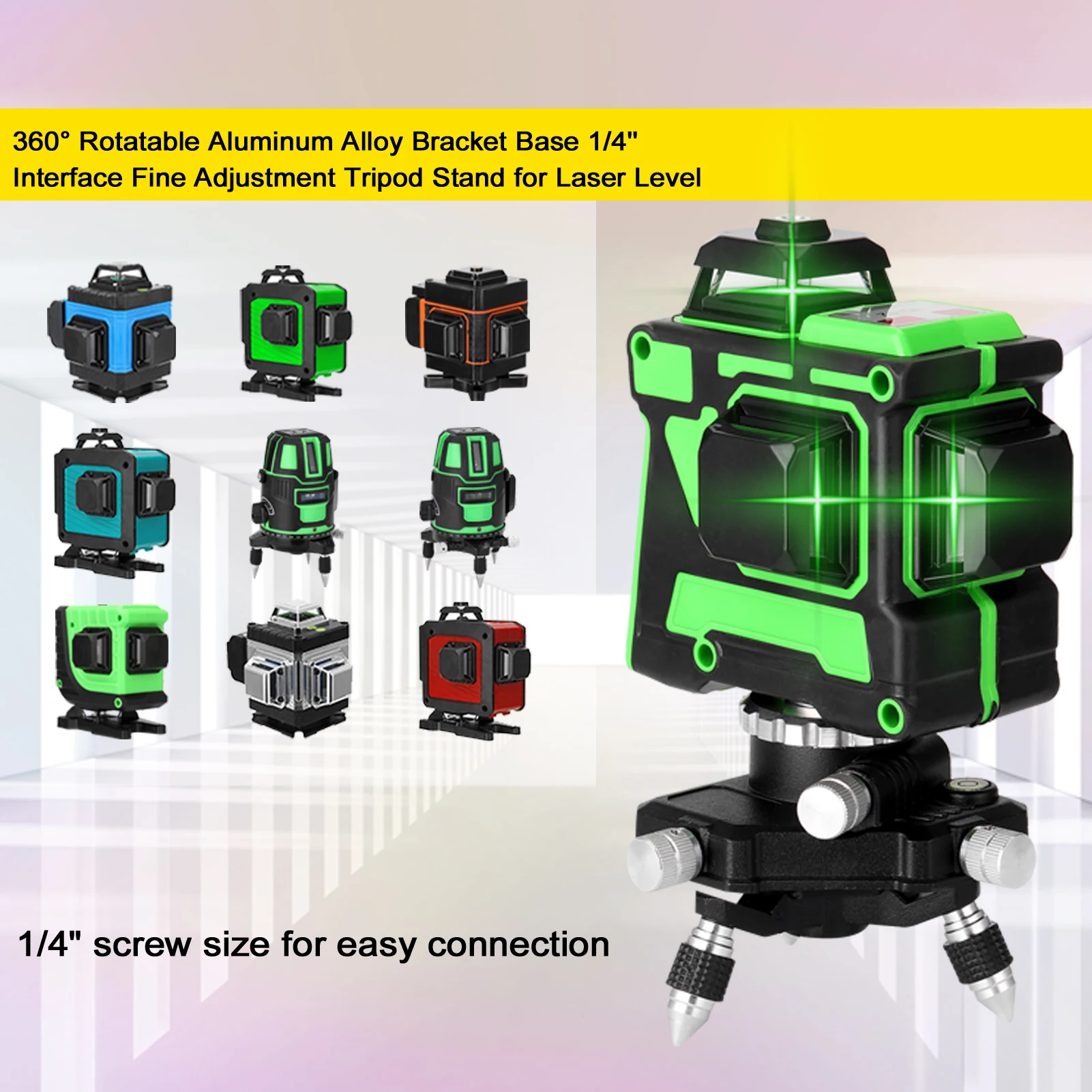 360° Rotatable Aluminum Alloy Bracket Base 1/4\'\' Interface Fine Adjustment Tripod Stand for Laser Level