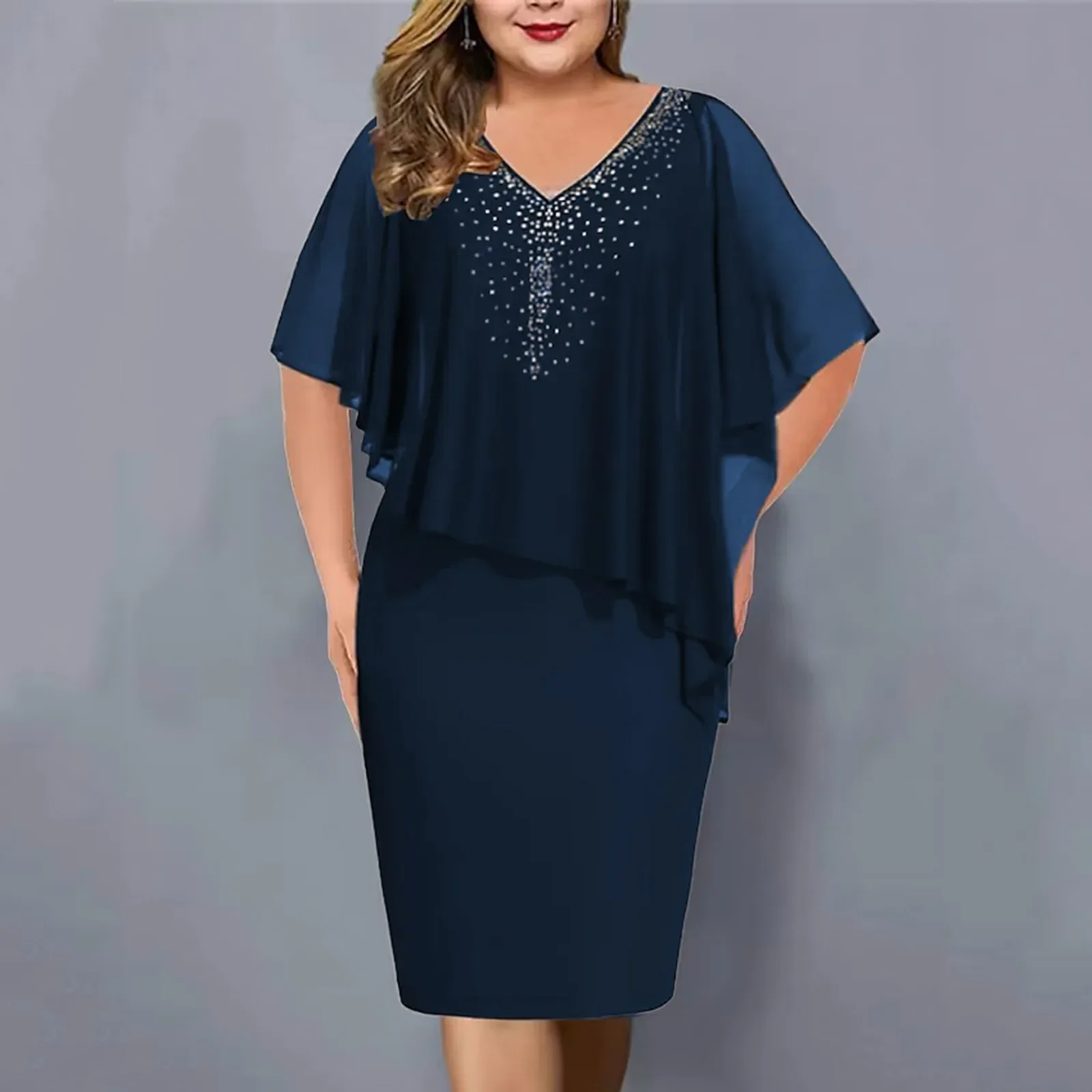 Women Plus Size Mini Dress V Neck Chiffon Sequins Dresses Solid Color Batwing Sleeve Asymmetric Dress Vestidos Mujer 2023