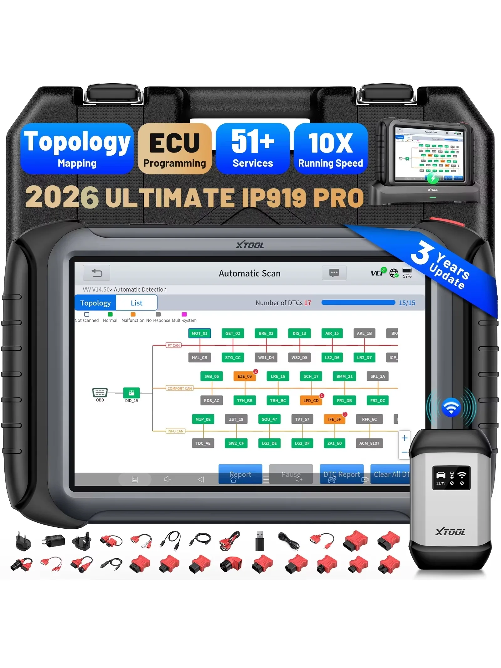 XTOOL IP919 PRO ECU Programmeur Auto Diagnostische Scanner OBD2 Scanner Key Programming Tool KAN FD DOIP FCA AutoAuth 51 + Resets - afbeelding 2