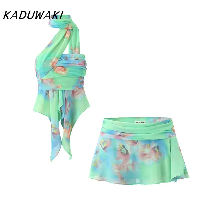 

KADUWAKI Sexy Mint Green Tie-dye Flower Print Chiffon Halter Tank Tops Ruched Side Zipper Waist Irregular Mini Skirt 2Pc 니트 스커트